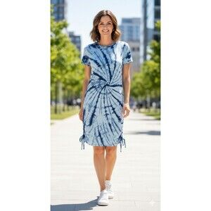 PINK Victoria's Secret Tie Dye Ruched Dress Size M Blue Swirl T-Shirt Mini Y2K